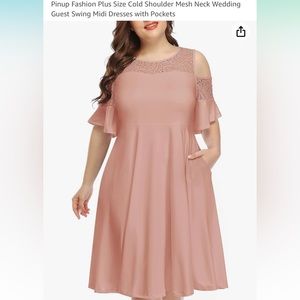 Pinup Fashion Plus Size Cold Shoulder Mesh Neck Swing Midi Dresses w Pockets